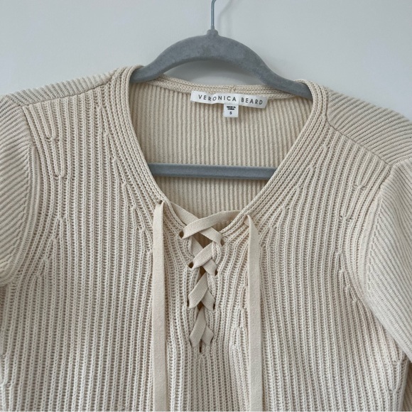 Veronica Beard Marley Cream Lace up Textured Knit Sweater ribbed half sleeve - Picture 4 of 7